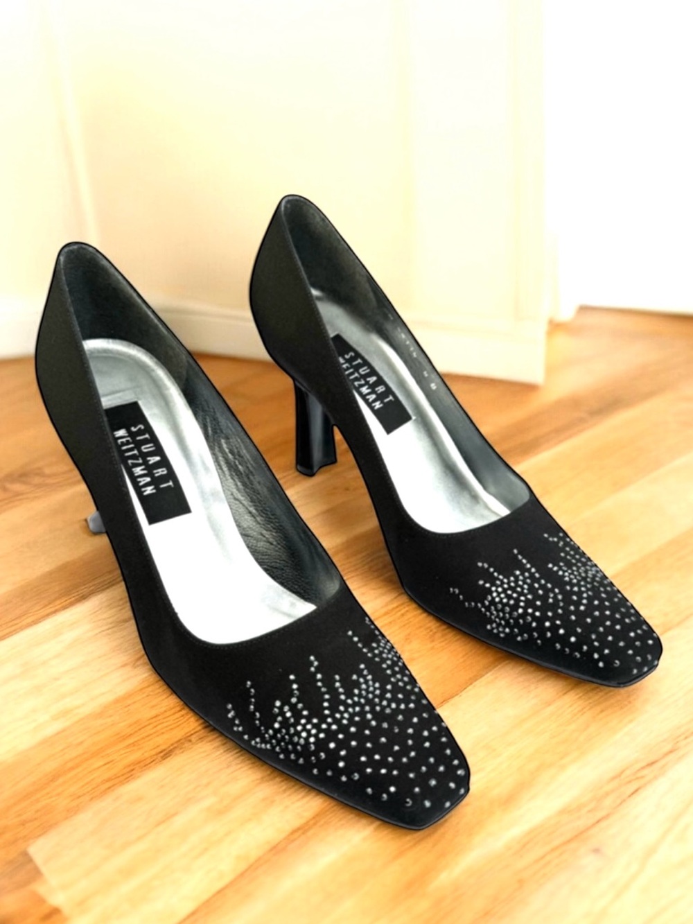 Stuart Weitzman Crystal Embellishment Satin Black Pumps